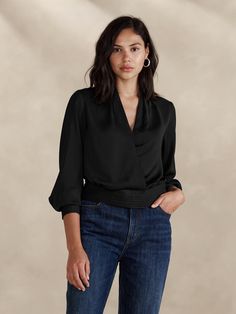 Pleated Wrap Blouse | Banana Republic Factory V-neck Blouson Sleeve Work Tops, Chic Long Sleeve Wrap Top For Formal Occasions, Chic Formal V-neck Wrap Top, Chic V-neck Blouse With Pleated Sleeves, Elegant Foldover Top Blouse For Work, Elegant Fitted Solid Color Wrap Top, Elegant V-neck Faux Wrap Blouse, Elegant Surplice Neckline Blouse For Night Out, Modern V-neck Top For Night Out