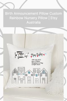 a pillow with an airplane on it and the words, birth announcement pillow custom rainbow nursery pillow / etsy australia