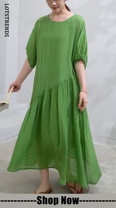 Summer Simple Puff Sleeve Dress Ramie Pleated Dress Long Dresses Vintage, Summer Long Dresses, Ruffles Dresses, Long Dress Elegant, Long Dresses Elegant, Summer Sundress, Dress Sleeve Styles, Round Neck Dresses, Dresses Vintage