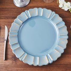 6 Pack | 13inch Round Dusty Blue Acrylic Plastic Charger Plates With Gold Brushed Wavy Scalloped Rim Acrylic Charger Plates, Wedding Dinnerware, Glass Charger Plates, Gold Chargers, Tafel Decor, Touch Table, Holiday Dining, Acrylic Plastic, Plastic Plates