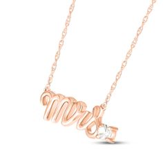 Mark a bride's change of status with this charming necklace featuring "Mrs." spelled out in elegant 10K rose gold letters. A white lab-created sapphire perfectly punctuates the word art, adding sparkle and making it a delightful piece to highlight the unique sense of style of the wife-to-be. The pendant rests amidst an 18-inch rope chain that secures with a spring ring clasp. Mrs Necklace, Wife To Be, White Lab, Necklace Clasps, Kay Jewelers, Gold Letters, Sapphire Stone, Chain Ring, White Sapphire