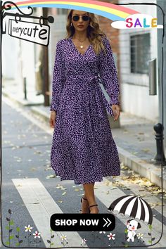 Navy Blue V Neck Tie Waist Long Sleeve Floral Dress Purple Long Sleeve Midi Dress For Fall, Casual Purple Winter Dresses, Purple Long Sleeve Non-stretch Dress, Purple V-neck Dress For Fall, Purple V-neck Fall Dress, Casual Purple Midi Dress For Fall, Chic Purple Midi Dress For Fall, Blue Belted Midi Dress For Fall, Casual Purple Midi Dress For Work