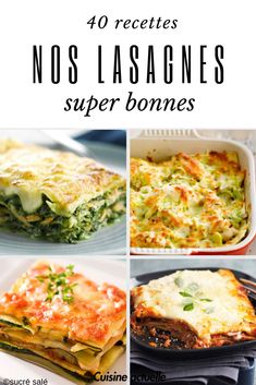 four different types of lasagna dishes with text overlay that reads, 4 receites nos lasagnes super bones