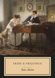 the cover of pride and prejudice by jane austen, with an image of two people sitting at a piano