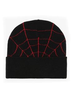 a black and red spider web beanie with red thread on it's side