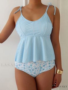 Lasaky - Printed Halter Maternity Swimsuit for Conservative Spa Resort in Huludao Loose Fit Jumpsuit, Swimsuit Floral, Striped Tankini, Stylish Jumpsuit, Maternity Swimsuit, Spa Resort, Striped Swimsuit, Tankini Set, Blue Swimsuit