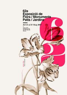 a poster with flowers and the number three in pink, white and grey colors on a light background