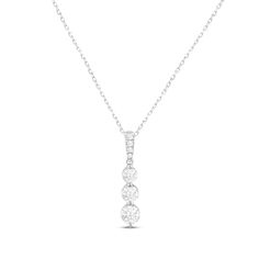 This elegant necklace showcases a vertical trio of round lab-created diamonds that subtly graduate in size from top to bottom. More round lab-created diamonds shimmer on the bail for a total lab-created diamond weight of 3/4 carat. The lab-created diamonds are independently certified and are styled in polished 14K white gold with a rhodium finish. The pendant sways from an adjustable 18-inch cable chain that secures with a spring ring clasp. From the Lab-Created Diamonds by KAY collection. 3 Stone Necklace, 3 Diamond Necklace, Magic Necklace, Neil Lane Engagement Rings, Pearl Diamond Jewelry, Diamond Band Engagement Ring, Cross Jewelry Necklace, Fan Jewelry, Eternity Ring Gold