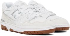 Low-top paneled suede, grained leather, and mesh sneakers in white and off-white. Perforated detailing throughout. · Lace-up closure · Logo patch at padded tongue · Padded collar · Logo appliqué at sides · Logo embossed at outer side · Logo bonded at heel counter · Textured rubber midsole · Treaded rubber outsole Supplier color: White/Gum White New Balance Sneakers With Logo, New Balance Breathable Low-top Sneakers, New Balance Low-top Sneakers With Textured Sole, New Balance Low-top Sneakers With Logo, Off White Cushioned Low-top Sneakers, New Balance For Women, New Balance White, Mesh Sneakers, Sneakers White