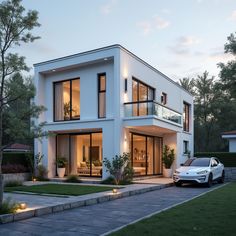 a white car parked in front of a modern house at dusk with lights on the windows