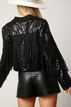 Sequins Biker Jacket with Fringe in black style #: IJ38526-02 Black Fringe Party Outerwear, Black Rhinestone Fringe Jacket, Spring Fringed Long Sleeve Biker Jacket, Black Fringe Outerwear, Black Leather Outerwear With Fringe, Peach Love, Fringe Jacket, Black Fringe, Crop Jacket