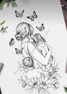 a drawing of a mother holding her child with butterflies flying above it and flowers in the foreground