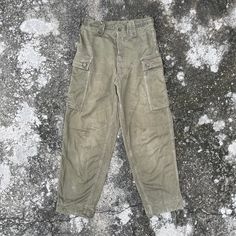 [DESCRIPTION] Please read the description first before buy my items‼️‼️‼️ Vintage 70s Military Trousers Cargo Pants All in good condition [MATERIAL] Cutton [MEASUREMENT] Measurement ( WHEN LAID FLAT ): Waist: 29 inch (recommended) Insean: 27.5 inch Length: 38 inch Front Rise: 12.5 inch Thigh: 23 inch Opening Leg: 16 inch [CONDITION] - All in good condition  - Some repair,kindly please refer photo [PAYMENT & NOTICE] - We accept PayPal ONLY - No return/refund - All items will be post over shipping Military Style Wide Leg Work Pants With Pockets, Retro Cotton Cargo Pants With Side Pockets, Vintage Long Pants With Cargo Pockets, Vintage Straight Leg Work Pants With Hip Pockets, Vintage Style Full Length Work Pants With Belt Loops, Retro Cotton Cargo Pants With Pockets, Retro Straight Leg Bottoms With Cargo Pockets, Retro Wide Leg Cotton Cargo Pants, Retro Straight Leg Pants With Pockets