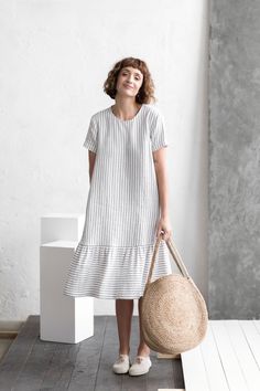 Striped linen dress / Loose linen dress / Short sleeve linen | Etsy Summer Linen Maxi Dress With Ruffle Hem, Summer Linen Midi Dress With Ruffles, Linen Maxi Dress With Ruffle Hem, Linen Midi Maxi Dress With Ruffles, Summer Linen Dress With Ruffle Hem, Ruffled Linen Midi Dress, Beach Linen Midi Dress With Ruffles, Casual Linen Maxi Dress With Ruffles, Casual Linen Dress With Ruffle Hem