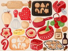 an assortment of baking items are shown in this illustration, including cookies and doughnuts