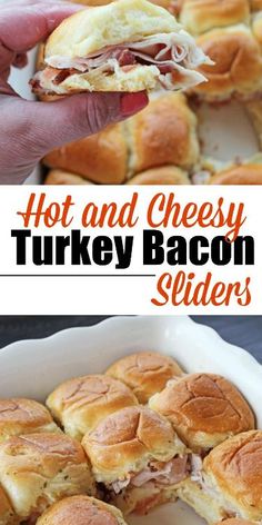 hot and cheesy turkey bacon sliders in a baking dish with text overlay