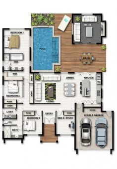 the floor plan for a house with two car garages and an attached swimming pool