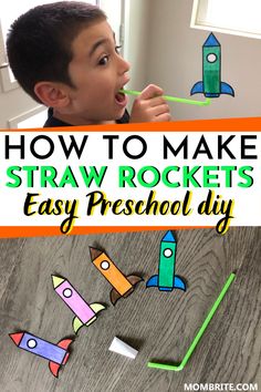 a boy brushing his teeth with the words how to make straw rockets easy preschool diy