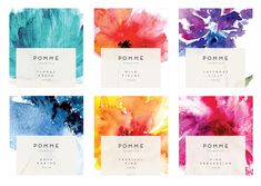 six business cards with watercolor paint designs on them and the words pomme written in white