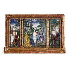 three panels with paintings on them in an ornate wooden frame, each depicting different scenes