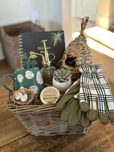 a basket filled with items sitting on top of a wooden table