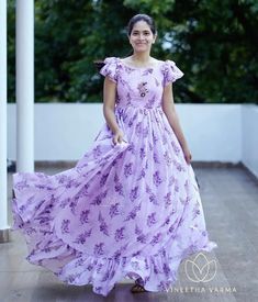 Printed Long Frocks, Purple Couture, Floral Print Gowns, Frocks And Gowns, Frock Designs, Kid Outfits