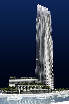 an artistic rendering of a tall building in the middle of a body of water at night