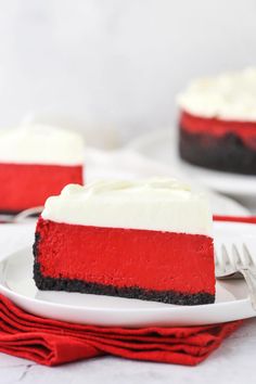 a slice of red velvet pie on a white plate