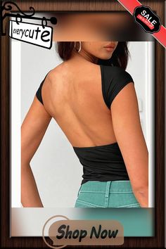 Black Backless Slim Fit Crop Tops Backless Black Tops For Night Out, Backless Black Top For Night Out, Backless Top For Club, Black Backless Tops For Spring, Backless Black Tops For Spring, Black Backless Top For Night Out, Solid Backless Tops For Club, Solid Color Backless Club Tops, Black Tops With Built-in Bra For Club