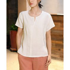 A-207-34 Casual Crew Neck Blouse With Relaxed Fit, Casual Relaxed Fit Crew Neck Blouse, Casual Solid Color Crew Neck Blouse, Comfortable Solid Color Summer T-shirt, White Comfortable Relaxed Fit T-shirt, White Blouse With Relaxed Fit And Crew Neck, White Relaxed Fit Blouse With Crew Neck, White Simple Short Sleeve Top, Comfortable White Short Sleeve T-shirt