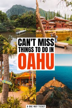 the words can't miss things to do in oahuu are overlaid with images of buildings and trees