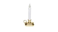 a candle holder with a single white candle on the top and a gold plated handle