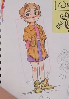 a child's drawing of a girl in yellow jacket and purple dress