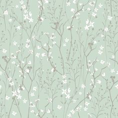 a green wallpaper with white flowers and leaves on the top right hand corner is a light blue background