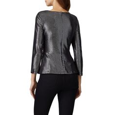 Grey metallic jersey (96% Polyester, 4% Elastane). Top. Long sleeves. V-neckline. Back zipper closure. Fully lined. 24" from shoulder to hemline. Imported. Sleek V-neck Party Blouse, Fitted V-neck Party Blouse, Fall Evening Blouse With Shimmer, Chic Evening Tops With Back Zipper, Metallic Stretch Elegant Tops, Elegant Metallic Stretch Top, Chic Metallic V-neck Top, Elegant Party Tops With Back Zipper, Metallic Fitted Long Sleeve Tops