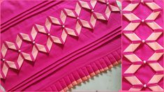 two pictures of pink and orange fabric with diamond shapes on it, one is folded in half