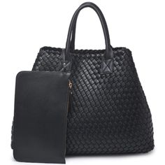 Diona J Fashion Ithaca Vegan Leather Outdoor Stylish Tote Bag Color Black Style #: 11518-Ue Item Type: Tote Bag Material: Vegan Leather Measurements: 16.25” L X 5.5” W X 12.25” H Black Woven Leather Shopping Bag, J Black, Stylish Tote Bag, J Fashion, Womens Tote Bags, Black Color, Vegan Leather, Black Fashion, Tote Bag