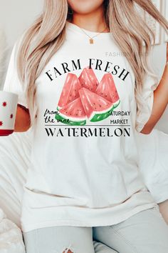 Dive into summer with farm-fresh watermelon, indulge in the softness of a Comfort Colors t-shirt. Whether paired with shorts for a beach day or dressed up with a skirt for a sunset soirée, this summer staple exudes both comfort and farmcore flair. 𝔻𝔼𝕋𝔸𝕀𝕃𝕊 Comfort Colors 1717 T-Shirt 💗Fabric content: 100% Cotton 💗Feel: luxe thick garment-dyed cotton 💗Fit: oversized unisex fit - Models are wearing XL Gildan 5000 T-Shirt 💗Fabric content: 100% Cotton; heathered colors have added polyester Summer Cotton Tops With Fruit Print, Cotton Vacation Tops With Fruit Print, Cotton Tops With Fruit Print For Vacation, Summer Strawberry Print Tops For The Beach, Short Sleeve Beach Tops With Fruit Print, White Fruit Print T-shirt For Summer, Summer White T-shirt With Fruit Print, White Summer T-shirt With Fruit Print, Cute Green Summer Shirt