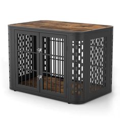 an animal cage with wooden top and metal bars on the sides, it is made out of