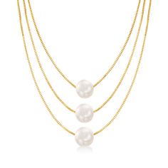 Ross-Simons - 9-9.5mm Cultured Pearl Three-Strand Layered Necklace Over Sterling. 20". Our nested layered-look necklace centers lustrous 9-9.5mm cultured freshwater pearls on sleek 18kt yellow gold over sterling silver box chains. Layered strands measure 20", 21" and 22". Springring clasp, multi-strand pearl necklace. Pearl birthstones are the perfect gift for June birthdays. Chains Layered, Multi Strand Pearl Necklace, Cultured Pearl Ring, Three Strand Necklace, Cultured Pearl Bracelet, Pearl Birthstone, Beautiful Pearl Necklace, Cultured Pearl Necklace, Necklace Pearl