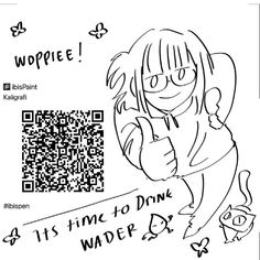 a girl with glasses and a cat on her back is looking at a qr code