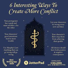 a poster with the words, 6 interesting ways to create more conflict and an image of a cadus