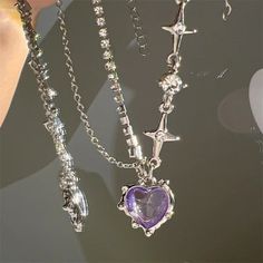 45231042298115 Chains Aesthetic, Pop Jewelry, Girl Punk, Crystal Heart Necklace, Y2k Accessories, Crystal Heart Pendant, Drop Pendant Necklace, Chain Fashion, Purple Crystal