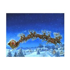 a painting of santa's sleigh flying through the sky with reindeers