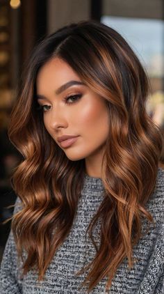 Rooty Copper Hair, Brunette And Copper Balayage, Hair Colours 2024, Fun Summer Hair Color For Brunettes, Brown And Copper Balayage, Brunette Copper Balayage, Cooper Balayage Brunettes, Copper Brown Balayage, Dark Copper Balayage Brunette