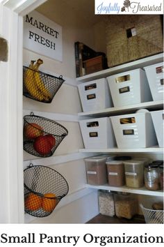 an organized pantry with bins and baskets on the shelves, labeled small pantry organization