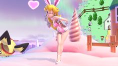 an animated image of a woman dressed as a bunny and pikachu running in the snow