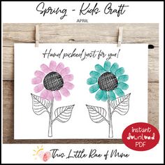 a card with two flowers and the words spring kid craft