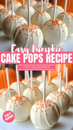 easy pumpkin cake pops recipe with orange sprinkles on top and text overlay