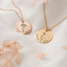 "Birth flower name necklace is perfect for everyday wear. Simply stylish and comfortable. Great for layering. Type names, date or meaning words to design it, make your flower necklace and show off your personality. The stainless steel disc necklace is available in silver, gold, and rose gold. Stainless steel Flower Name necklace is a wonderful and unique gift idea to shower the important people in your life with a cute, dainty, and creative gift. This custom disc necklace also makes a perfect bi Mother's Day Flower Shaped Name Necklaces, Personalized Flower Necklace With Name, Personalized Flower Name Necklace, Personalized Name Flower Necklace, Personalized Flower-shaped Name Necklace, Personalized Flower Charm Necklaces, Adjustable Flower Necklace For Birthday, Personalized Birth Flower Necklace For Mother's Day, Adjustable Birth Flower Charm Necklace For Mother's Day